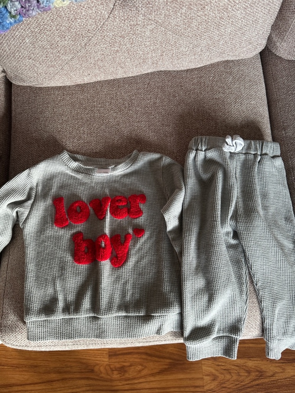 Gray Waffle Knit 'lover boy' pull over & Jogger Set cotton and polyester